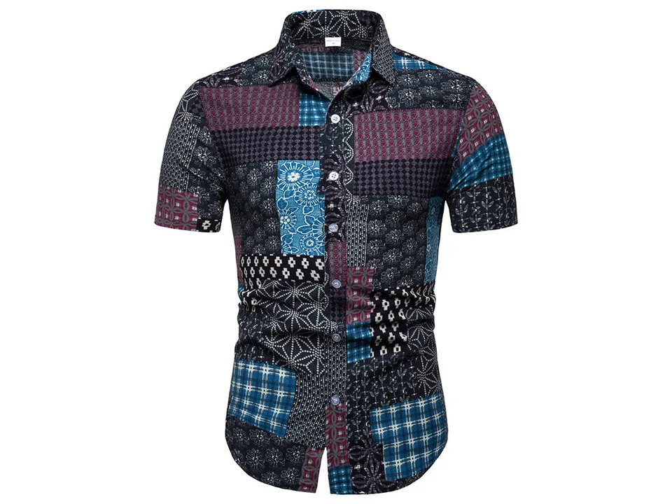 Men's short sleeve button-down shirt with a dark patchwork pattern.