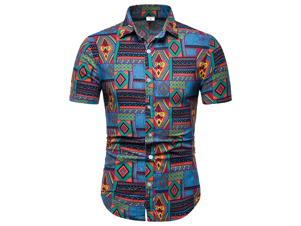 Men's short sleeve button-down shirt with a colorful geometric tribal pattern.