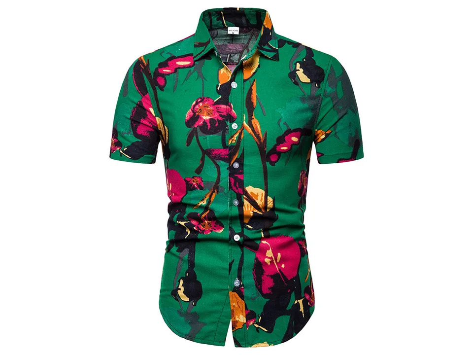 Men's short sleeve button-down shirt with a green floral pattern.