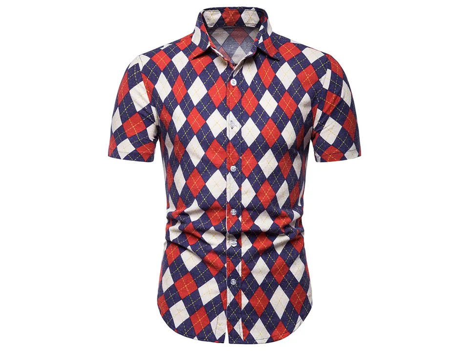 Men's short sleeve button-down shirt with a red and blue diamond pattern.