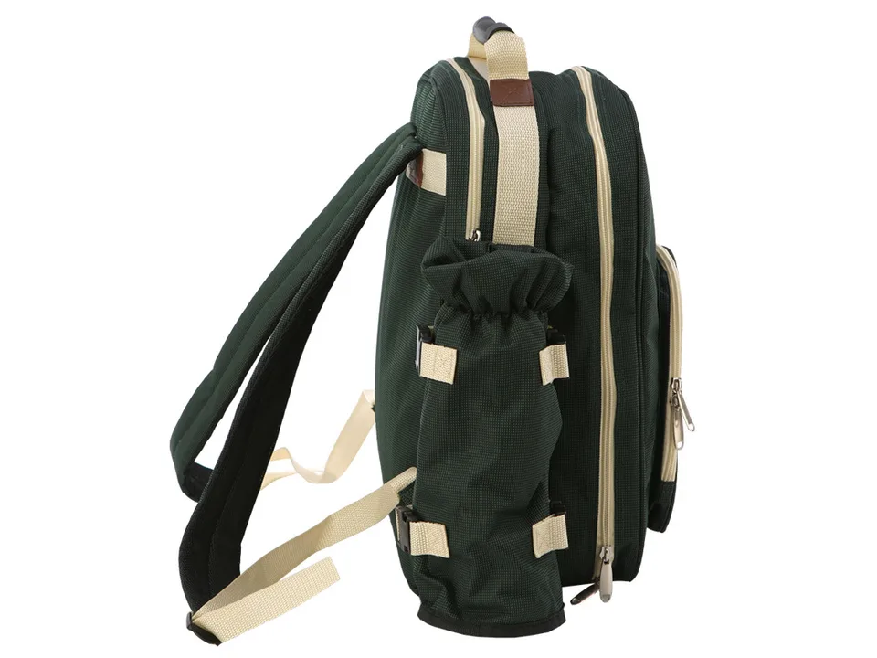 Side view of the green picnic backpack showing the side bottle holder and adjustable straps.