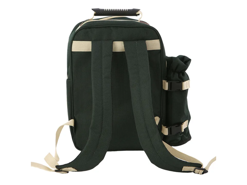 Rear view of the green picnic backpack showing the shoulder straps and carry handle.