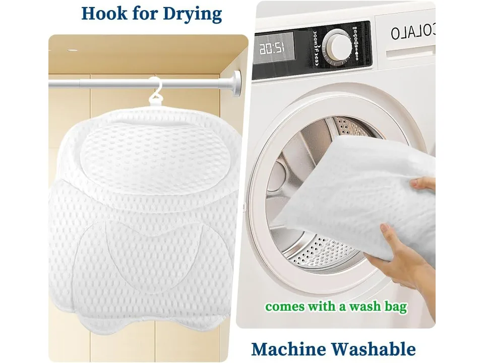 Bathtub pillow hanging to dry and being placed in a washing machine.