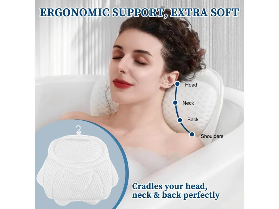 Woman using the bathtub pillow with a diagram showing support for head, neck, back, and shoulders.