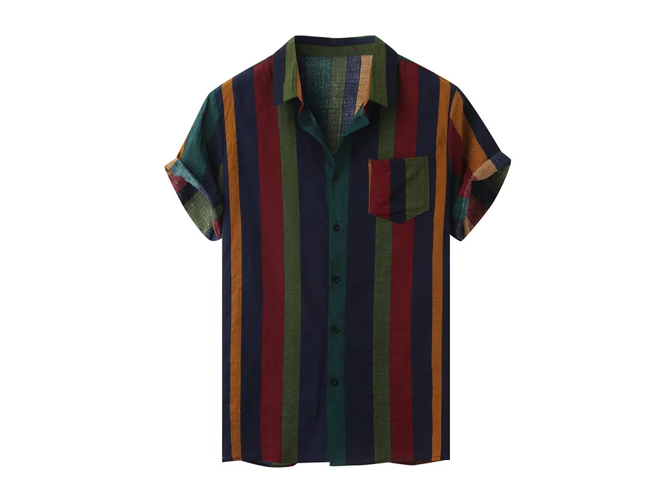 Front view of the short-sleeve button-down shirt with vertical stripes.