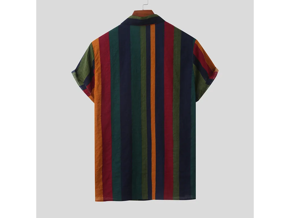 Back view of a short-sleeve shirt with a vertical multi-colored stripe pattern.