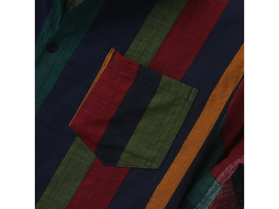 Close-up of the chest pocket on the striped shirt.