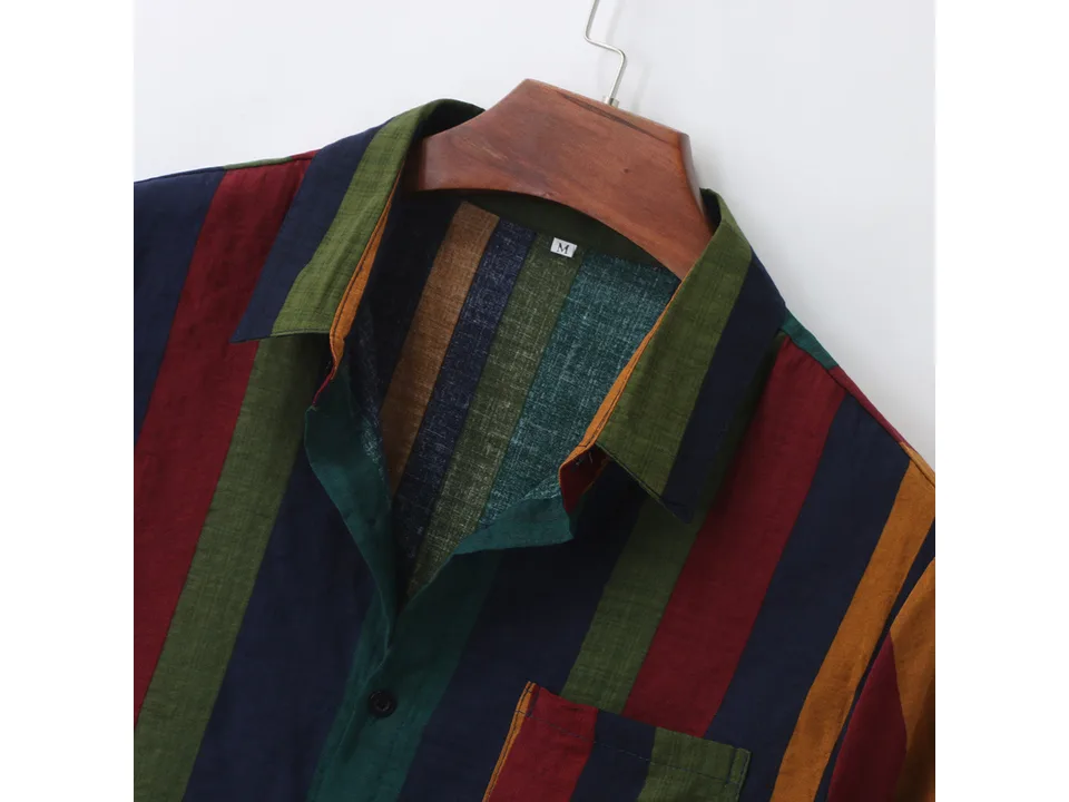 Close-up of the collar and upper chest area of the striped shirt.