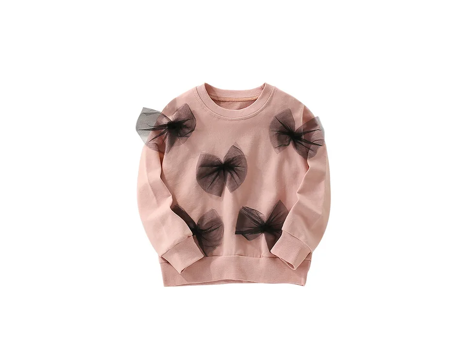 Pink long-sleeve sweatshirt with black tulle bow accents on the front.