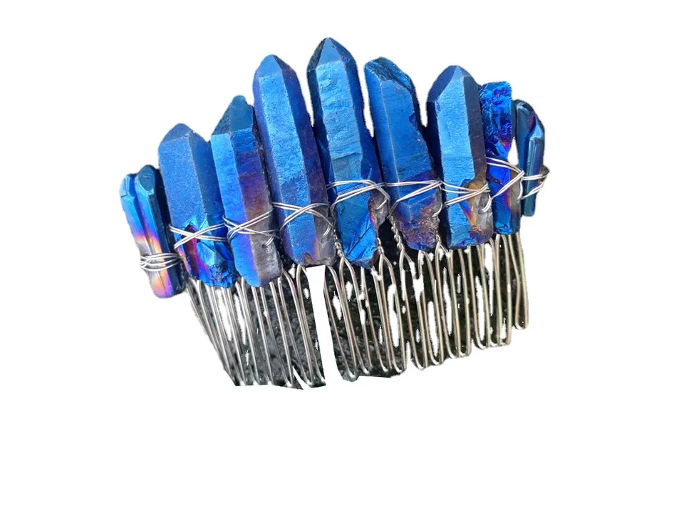A blue crystal hair comb on a white background.