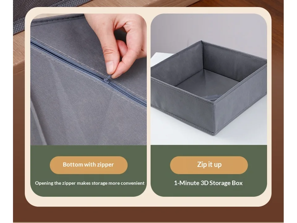 Two panels showing the zipper on the bottom of the storage box and the box fully assembled.