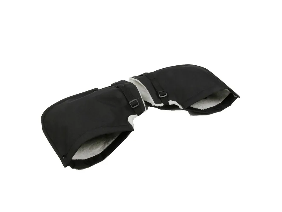 Pair of black thermal motorcycle handlebar gloves with white fleece lining.