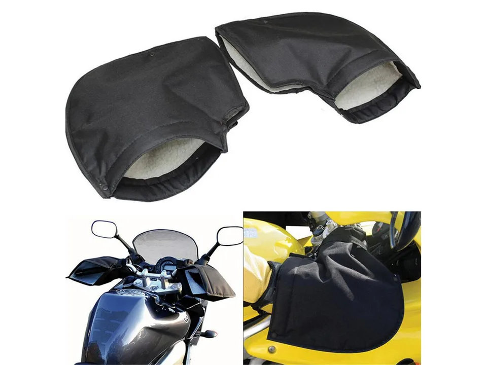 Composite image showing the handlebar gloves and their installation on a motorcycle handlebars.