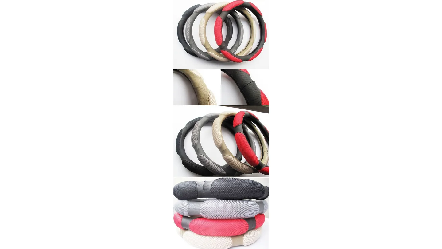 A collection of steering wheel covers in various colors, with close-up views of the fabric texture.