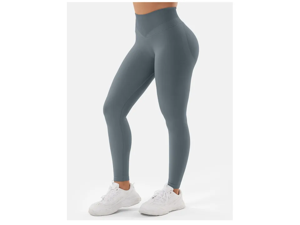 Side view of grey high-waisted seamless yoga leggings