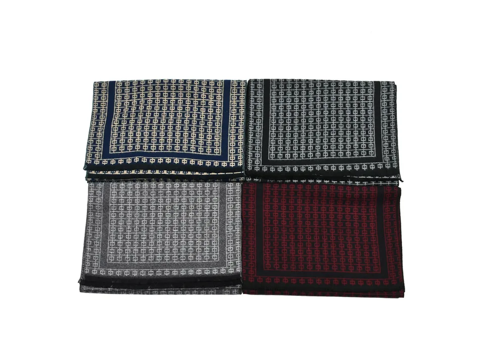 Four folded scarves in different colors: blue, black, grey, and red.