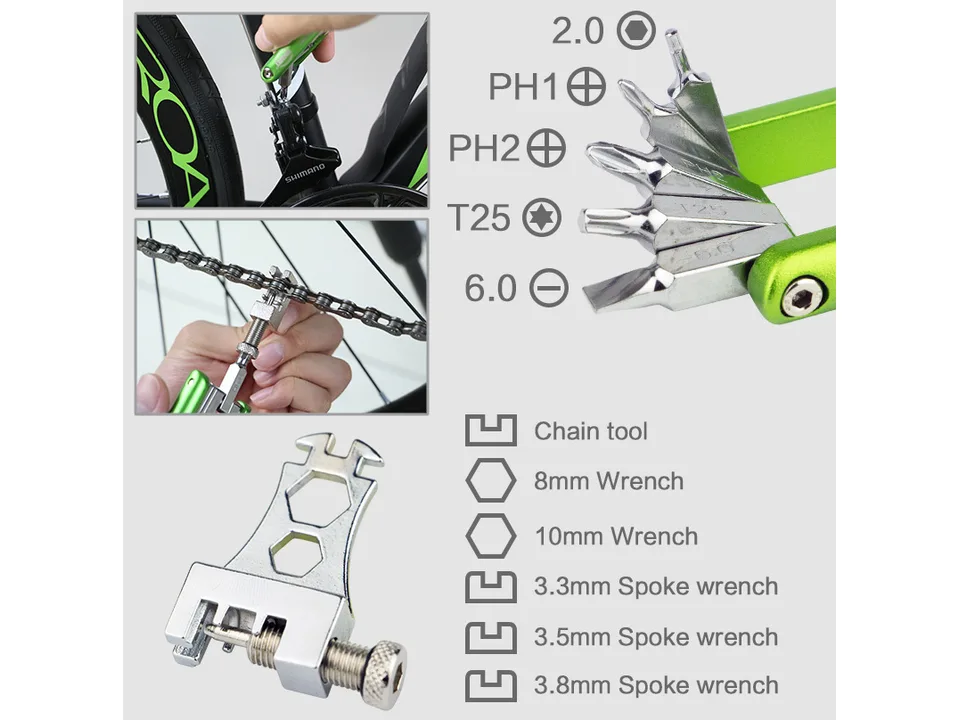 Close-up of the bicycle multi-tool showing various wrench and screwdriver heads.