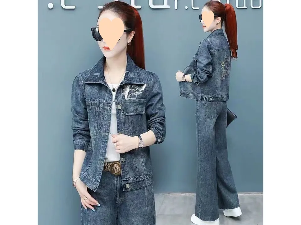 A woman modeling the denim jacket and wide-leg pants set.