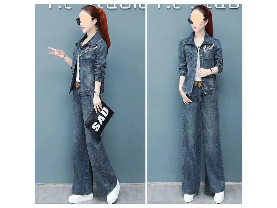 A woman wearing a denim jacket and wide-leg jeans set, shown from front and side views.