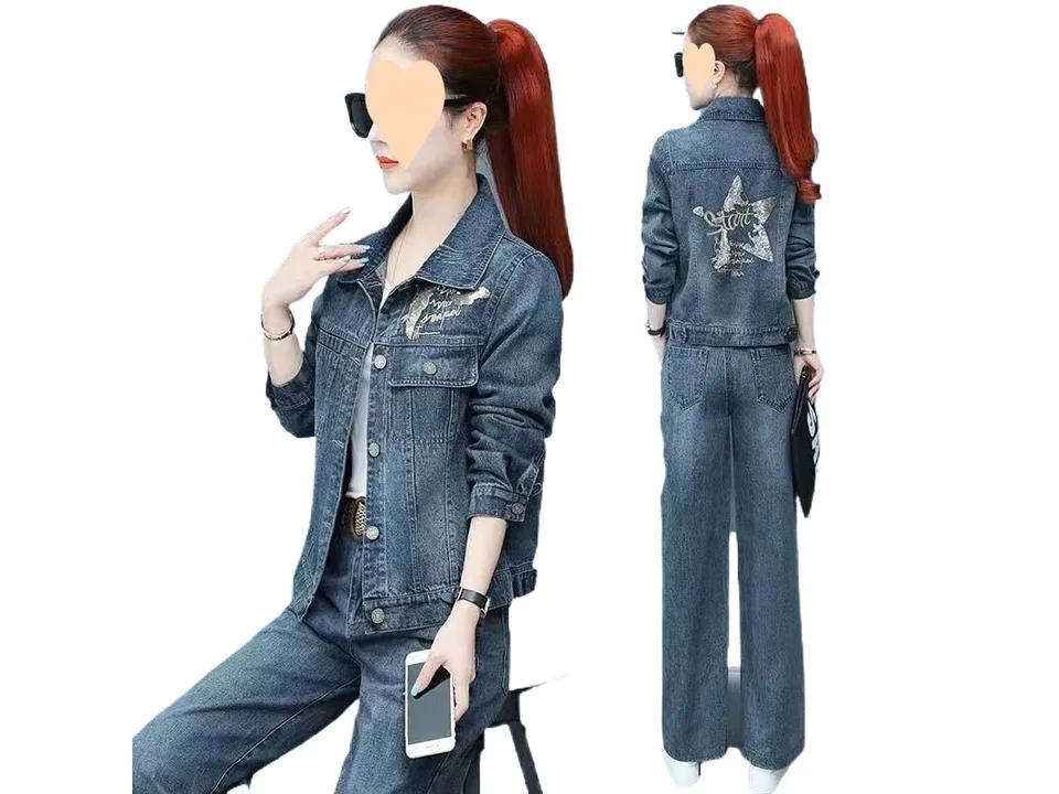 A woman wearing a denim jacket and wide-leg pants set, shown from the front and back.