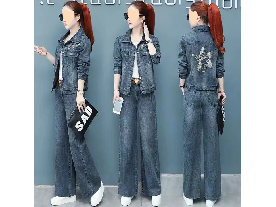 Three views of a woman wearing a denim jacket and wide-leg pants set, showing front, side, and back.