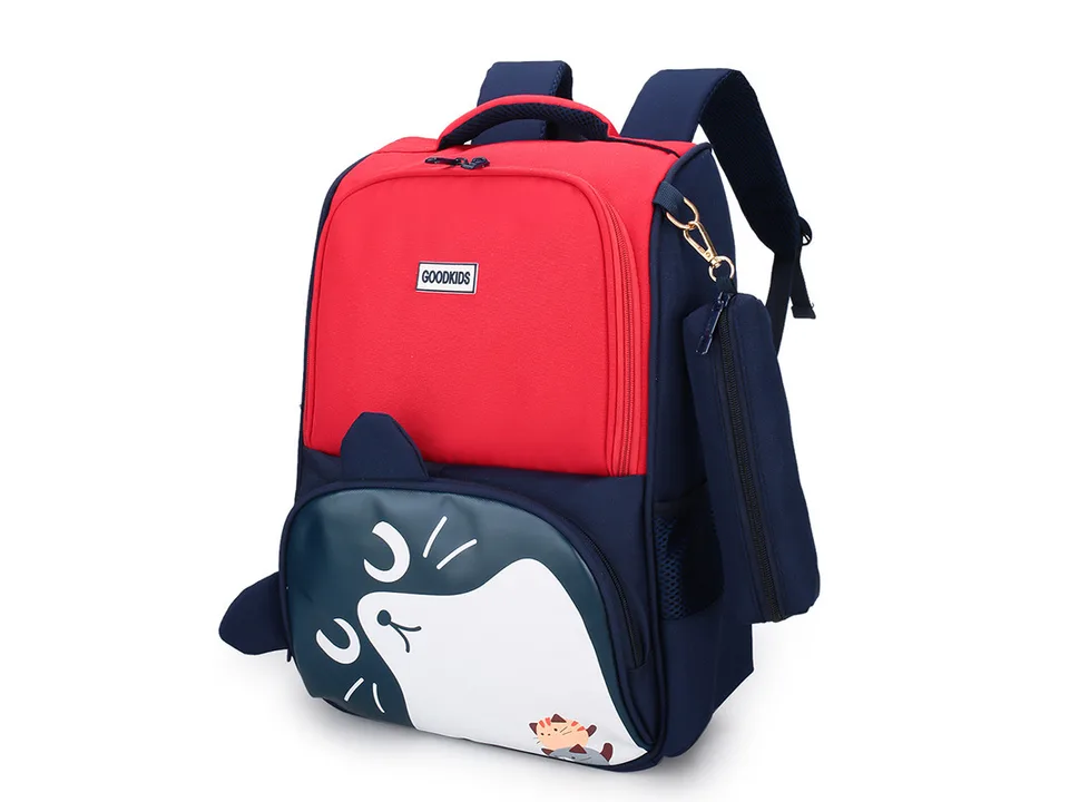Red and dark blue school backpack with a cat face design and attached pencil case.