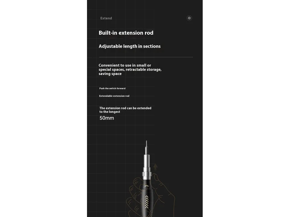 Close-up showing the extendable screwdriver rod feature.