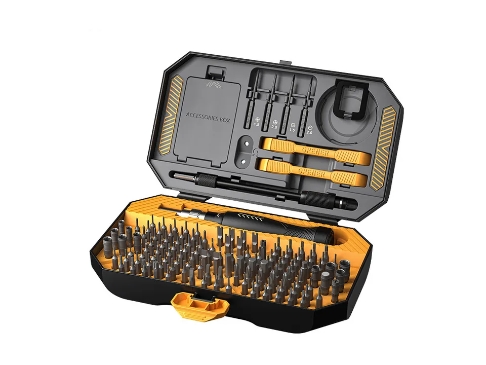 Open screwdriver set case showing all bits, handle, and accessories.
