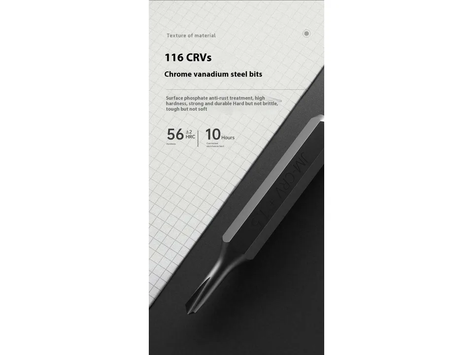Close-up of a single screwdriver bit with material specifications.