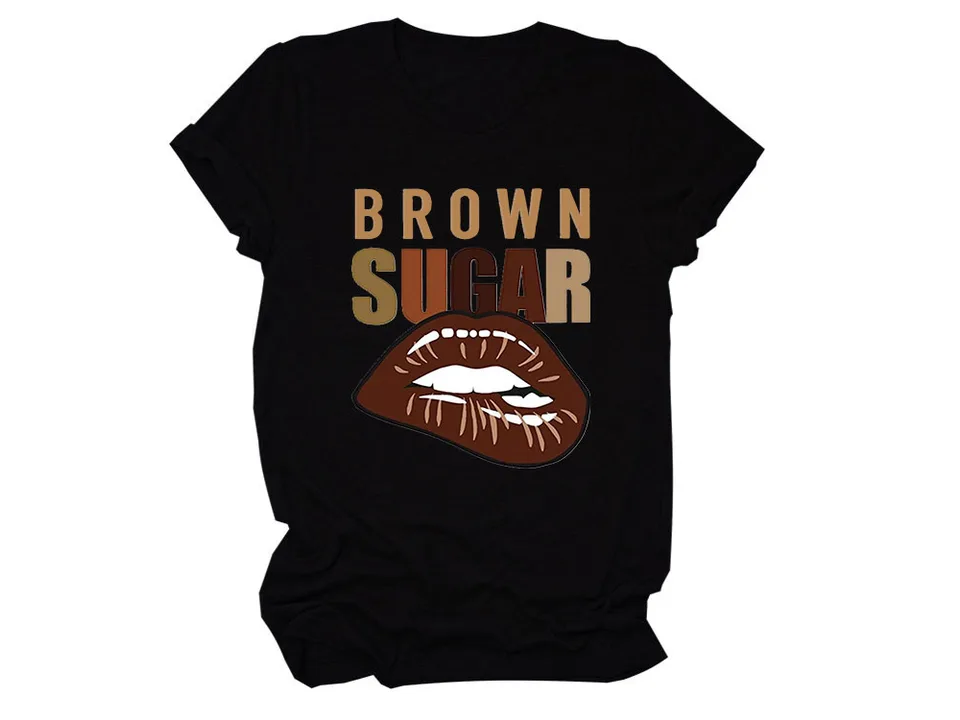 Black t-shirt with Brown Sugar text and lip graphic