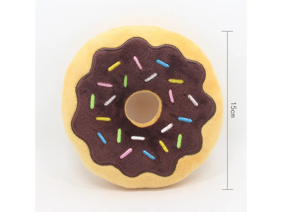 A chocolate-frosted plush donut toy with colorful sprinkles.