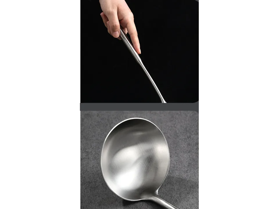 Close-up of a hand holding the stainless steel handle and a view of the ladle bowl.