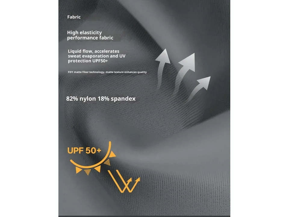 Close-up of the grey fabric texture with arrows indicating moisture-wicking and UPF 50+ protection.