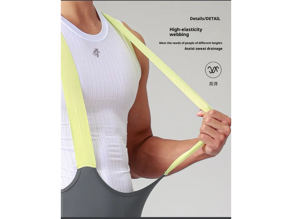 Close-up of a hand pulling on the high-elasticity yellow webbing strap of the cycling bibs.