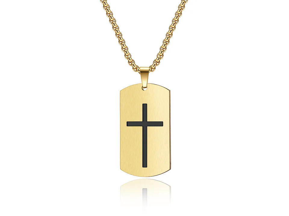 Gold dog tag necklace with a cross cutout on a white background.