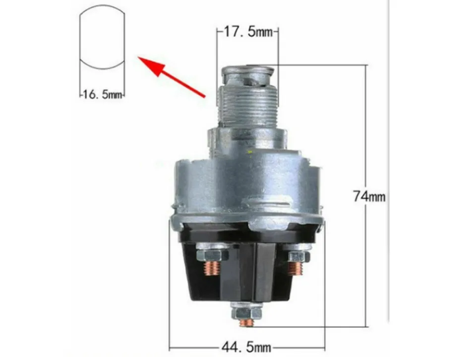 Ignition switch with dimension lines and measurements in millimeters.