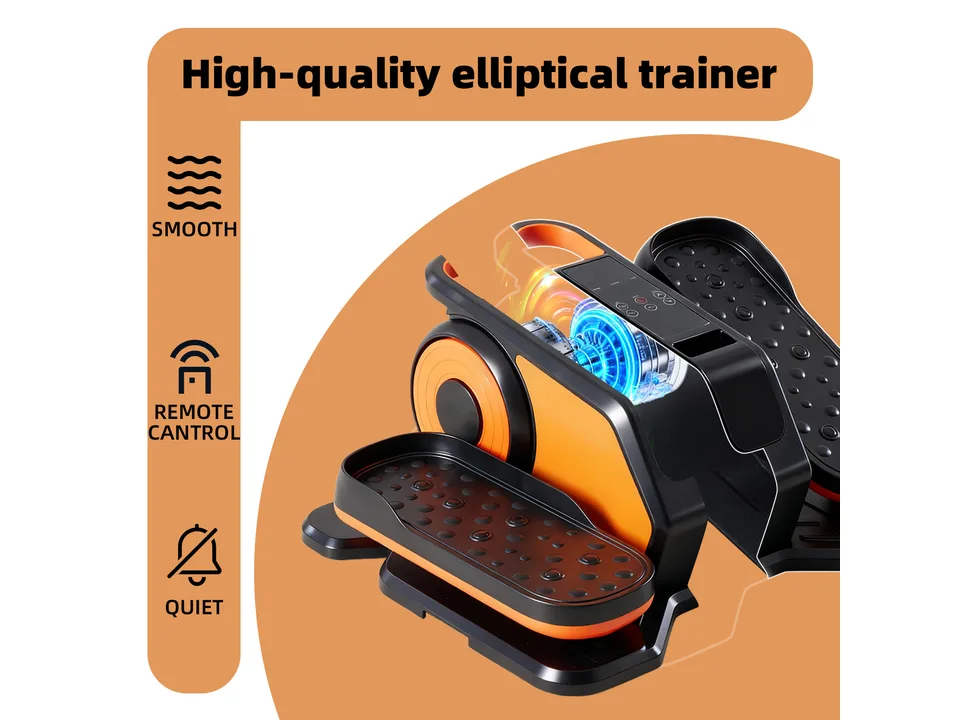 Orange and black under-desk elliptical trainer with a cutaway view of the internal motor.