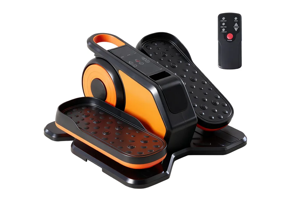 Orange and black under-desk elliptical trainer with a remote control.
