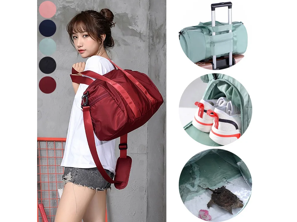 A woman carrying a red gym bag, with insets showing luggage attachment, shoe storage, and a waterproof compartment.