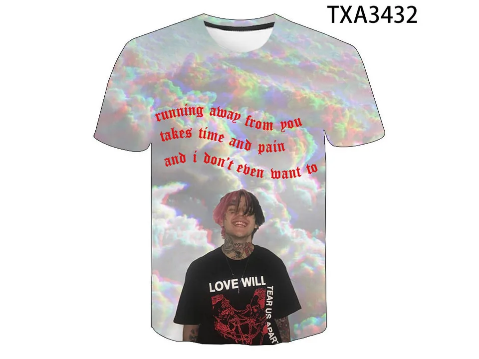 Graphic t-shirt with a cloudy background, a portrait of a man, and red text.