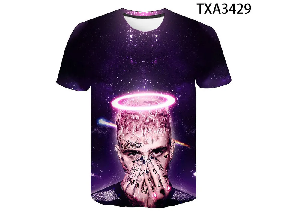 Graphic t-shirt with a purple galaxy print and a portrait of a man with a halo.