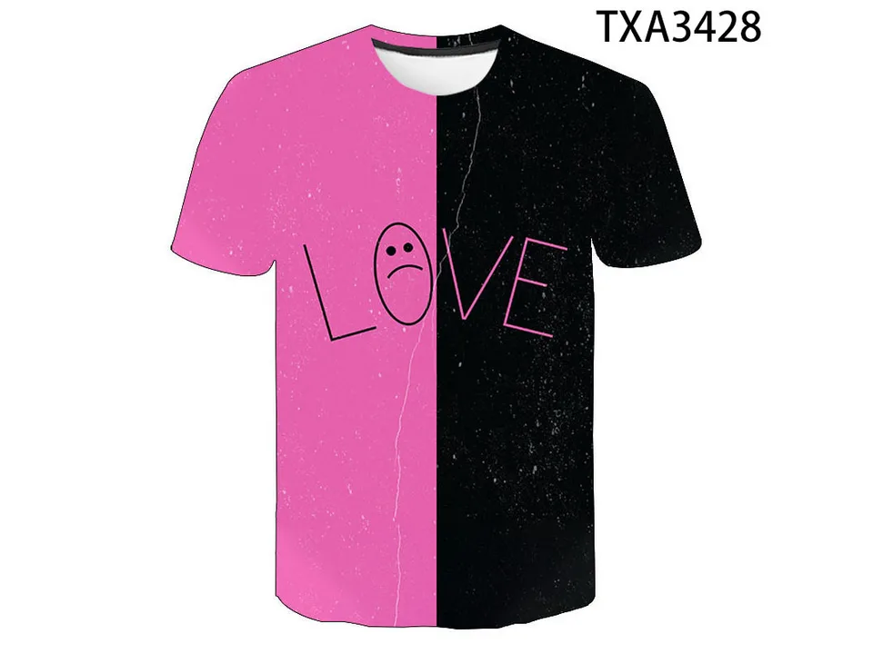Graphic t-shirt split into pink and black halves with the word LOVE and a sad face icon.