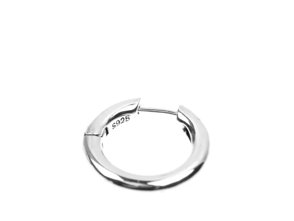 A single silver hoop earring with an S925 hallmark visible.