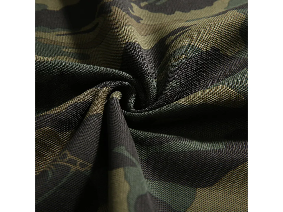 Close-up view of the camouflage fabric texture.