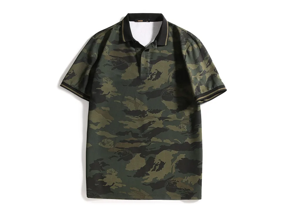 A camouflage polo shirt laid flat against a white background.