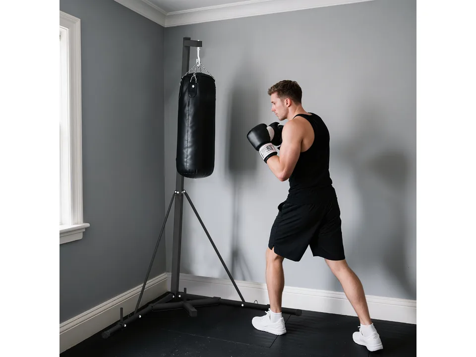 A man using the punching bag stand in a home gym setting.