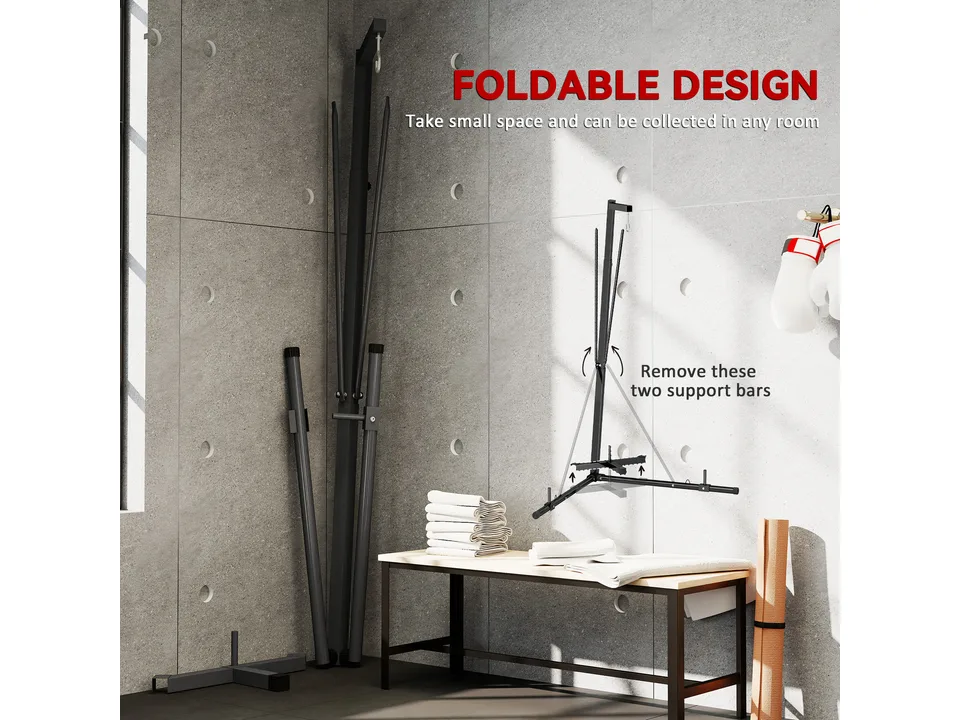 The punching bag stand shown in its folded, space-saving position.
