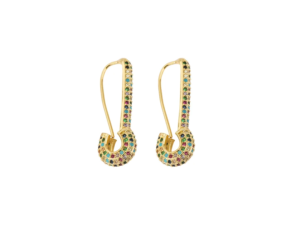 A pair of gold safety pin earrings with colorful crystal accents on a white background.