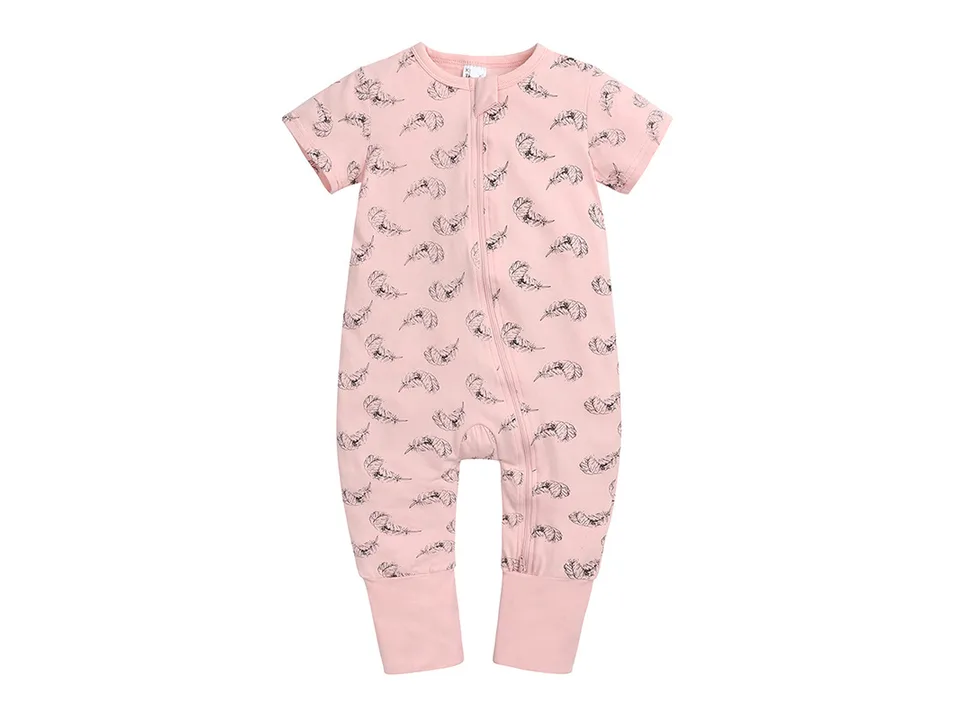 Pink baby jumpsuit with a feather print and front zipper.