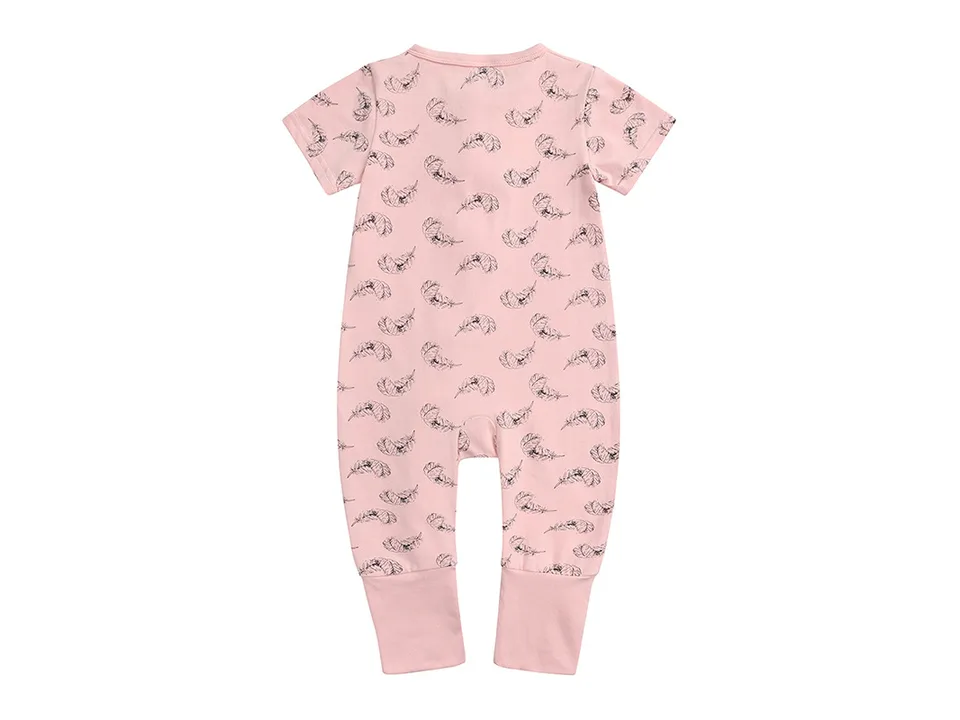 Back view of the pink baby jumpsuit with a feather print.